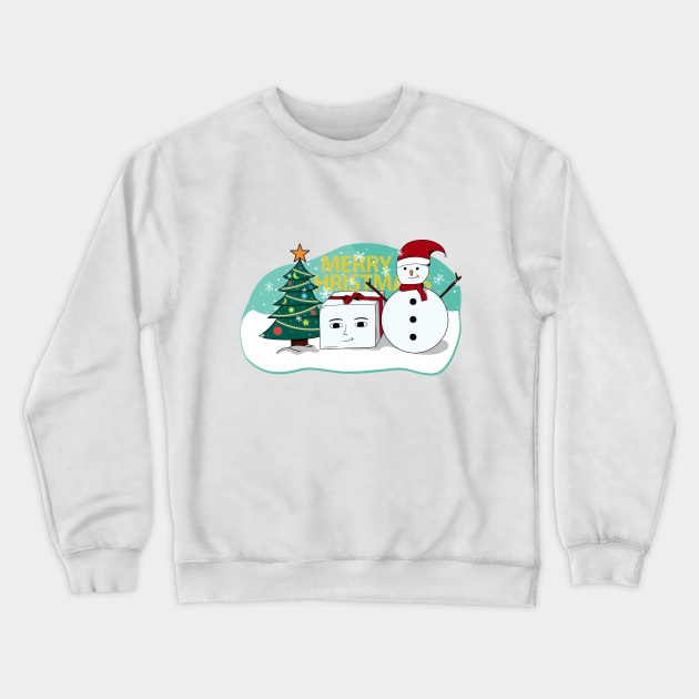 merry christmas snowman box and tree Crewneck Sweatshirt by perfunctory